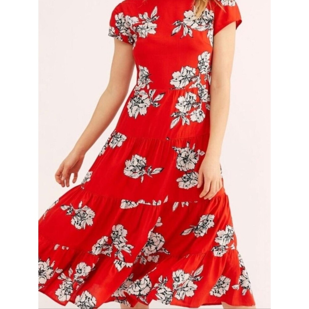 Free People Rita Floral Print Tiered Midi Dress Red Combo Size Small